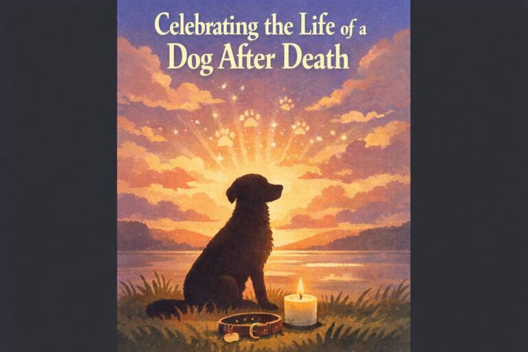 Silhouette of a dog at sunset beside a candle and collar, honoring a life after death.
