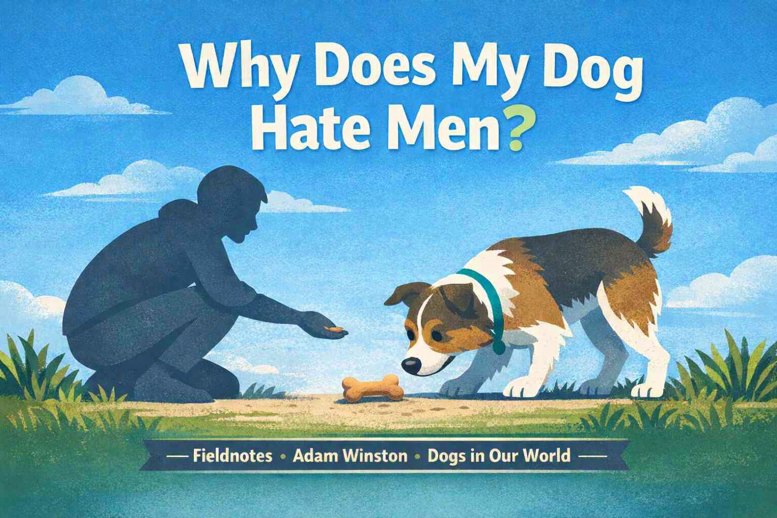 Illustration of a cautious dog sniffing a bone-shaped treat while a gender-neutral human silhouette observes calmly, representing trust-building in canine behavior.