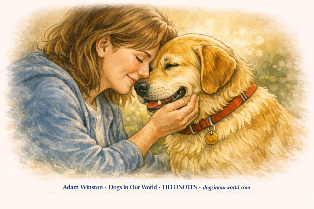 A woman gently presses her forehead against her golden retriever’s forehead, both with eyes closed, sharing a quiet, tender moment that symbolizes empathy and understanding.