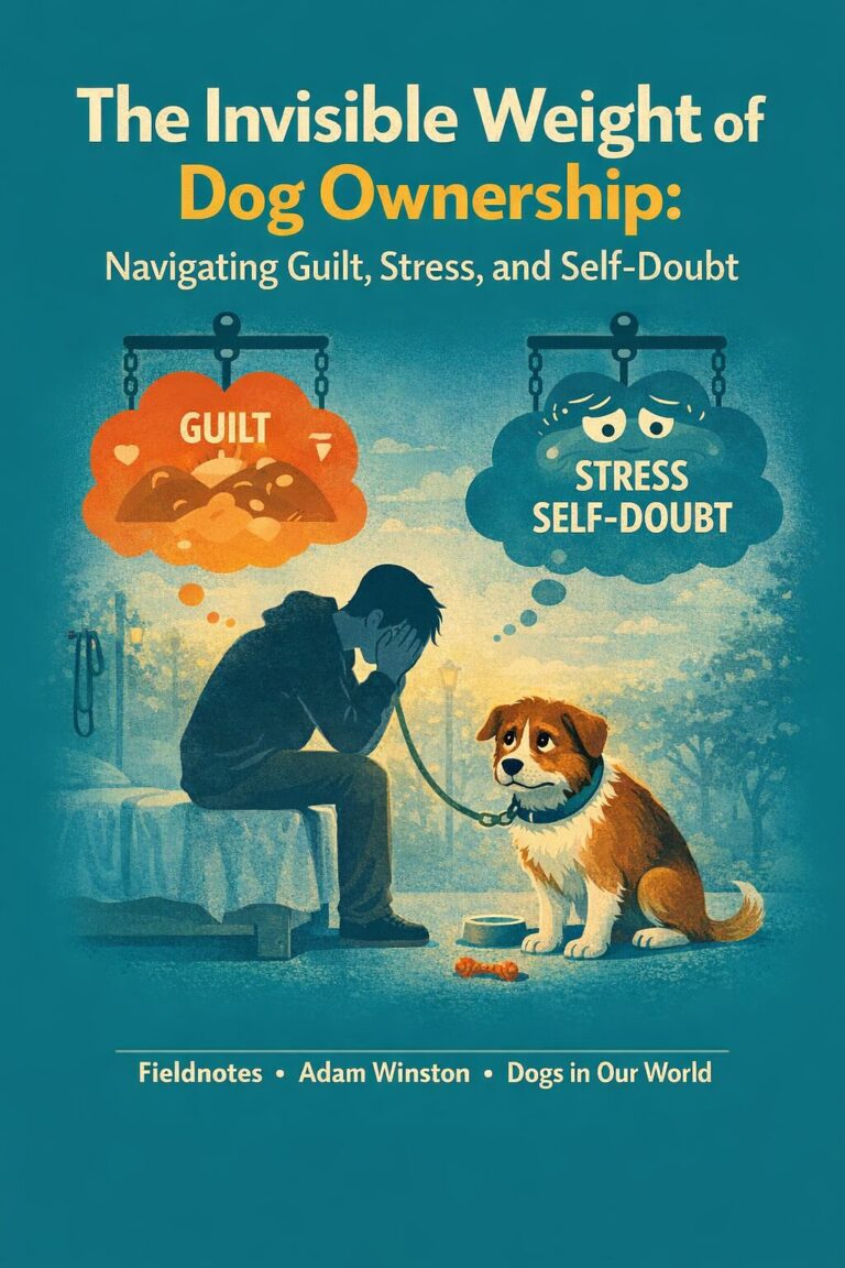 Illustration showing a person sitting beside their brown and white dog, both under two thought bubbles labeled ‘Guilt’ and ‘Stress / Self‑Doubt.’ The person rests their head in their hands while the dog looks up with a gentle, concerned expression. The teal background and warm tones convey empathy and reflection, representing the emotional challenges of dog ownership.