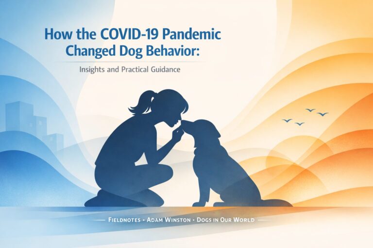 A minimalist illustration of a woman and her dog touching noses, symbolizing connection and behavioral change during the COVID‑19 pandemic.