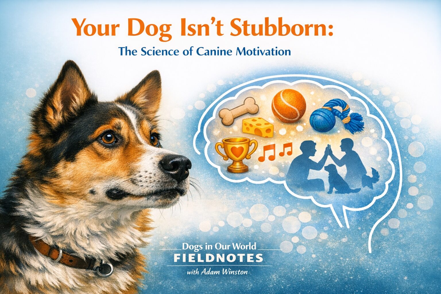 Illustration of a dog with thought bubbles showing various motivators like a bone, ball, cheese, trophy, music, and human interaction, representing canine motivation and behavior.