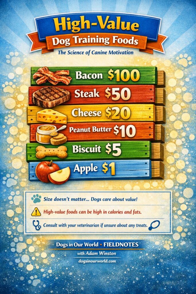 Infographic ranking high-value dog training foods by motivational value, showing bacon, steak, cheese, peanut butter, biscuit, and apple with dollar values.