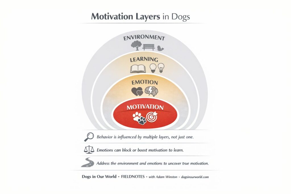 Illustration showing four concentric layers influencing canine behavior: Environment, Learning, Emotion, and Motivation, with icons representing each layer.