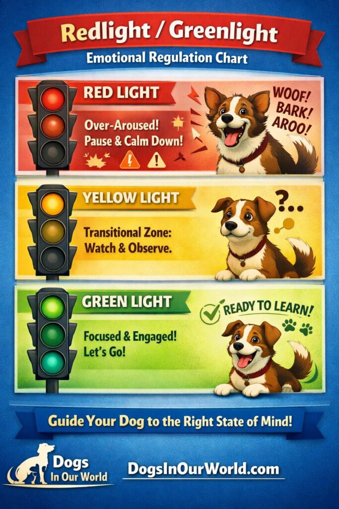 Infographic using a traffic light analogy to show dog emotional states: red for over-aroused, yellow for transitional, and green for focused and engaged.