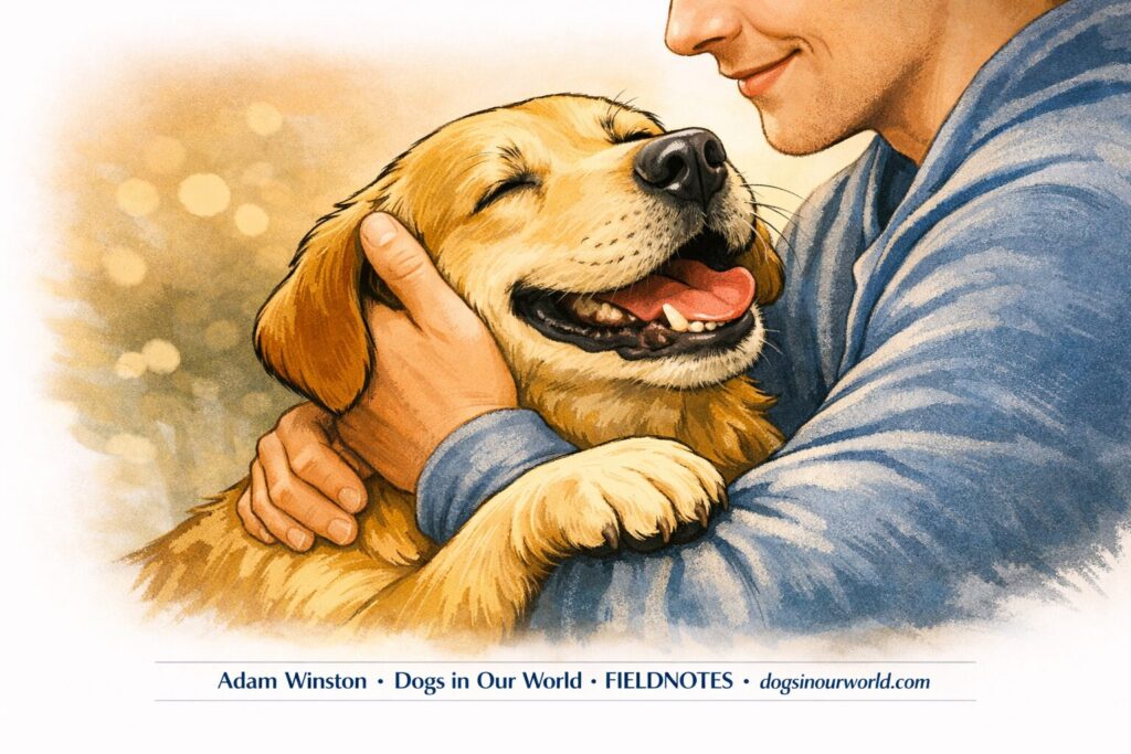 Person in a blue shirt hugging a relaxed golden retriever with warm, soft lighting.