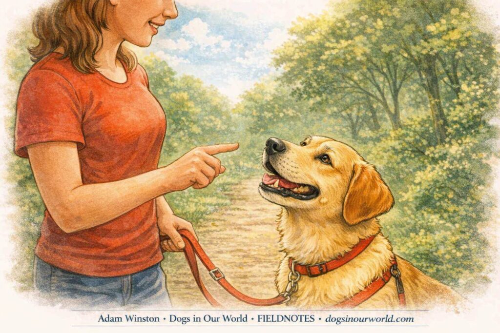 A golden retriever looks up attentively at a person holding its leash and pointing during a walk in a wooded outdoor setting.