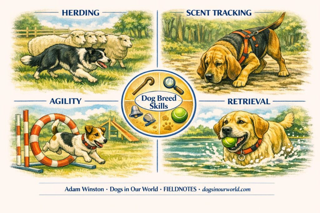 Infographic showing four dog breeds demonstrating different skills: a Border Collie herding sheep, a Bloodhound scent tracking, a Jack Russell Terrier performing agility, and a Labrador Retriever retrieving a ball from water, arranged around a central “Dog Breed Skills” emblem.