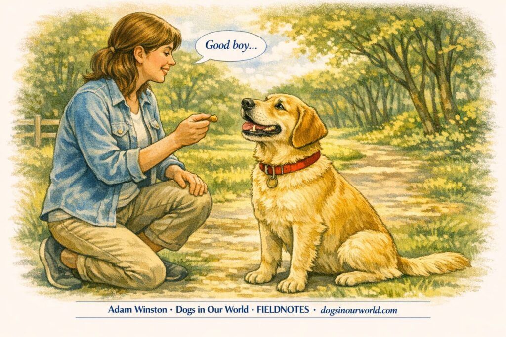 A woman kneels on a sunlit park path, smiling as she offers a treat to her golden retriever wearing a red collar. The dog sits calmly, looking up at her while she says “Good boy…” in a warm, gentle tone.