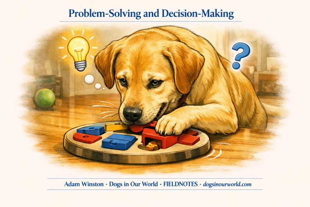 Dog using its paw to solve a colorful puzzle toy, with lightbulb and question‑mark icons symbolizing problem‑solving.