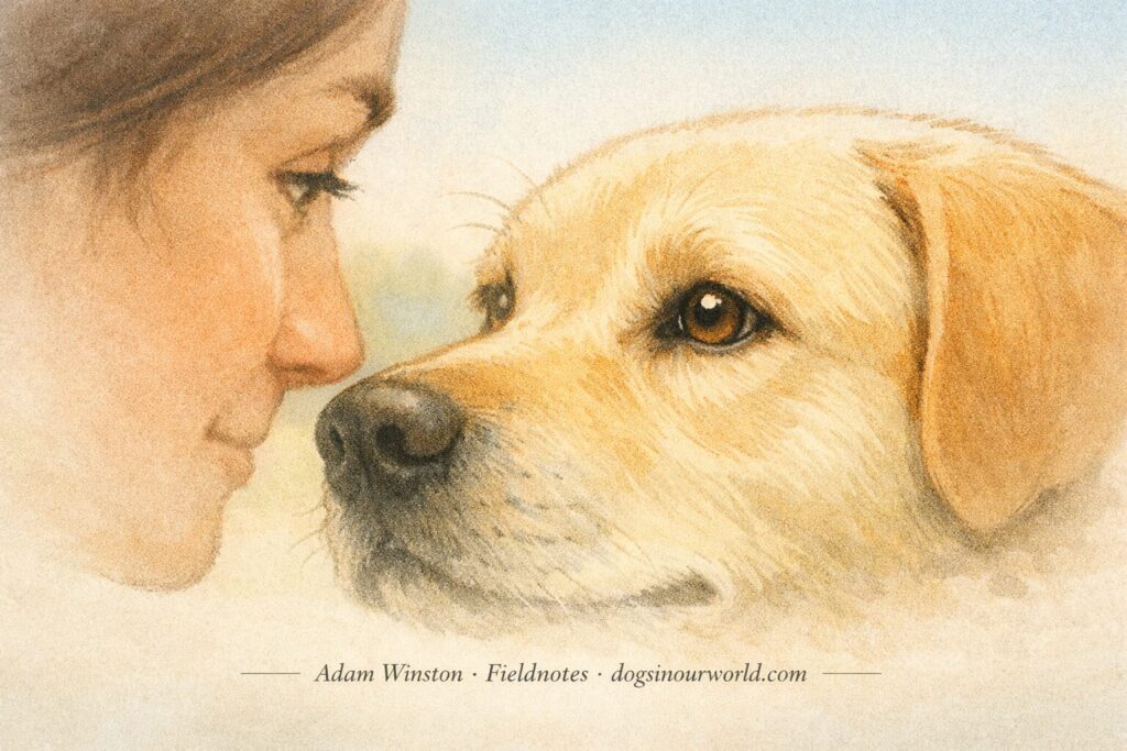 Calm dog training close-up illustration of a human and Labrador Retriever sharing gentle eye contact. Warm tones and soft focus convey emotional connection and calm awareness. Credit: Adam Winston · Fieldnotes · dogsinourworld.com.