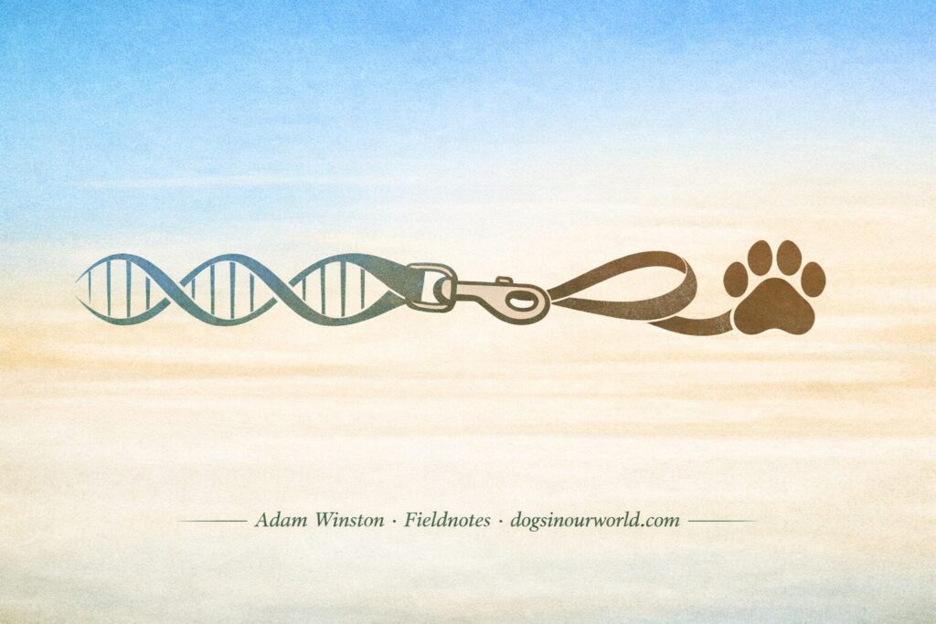 Calm dog training illustration showing a DNA strand transitioning into a dog leash that ends in a pawprint, symbolizing the connection between genetics and learning. Soft blue‑to‑beige gradient background. Credit: Adam Winston · Fieldnotes · dogsinourworld.com.