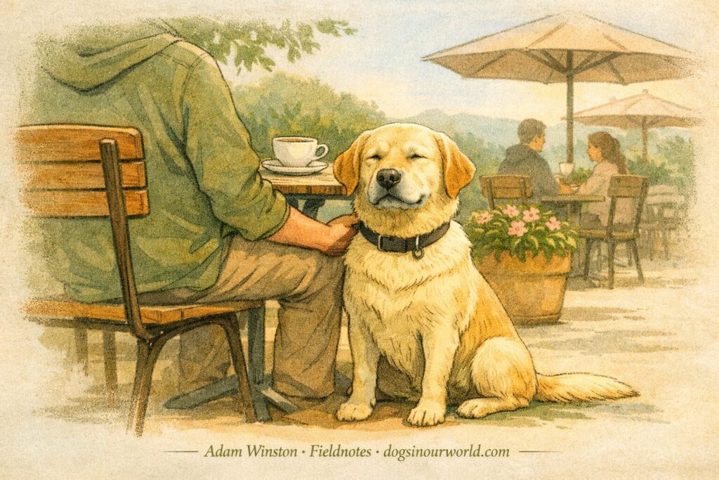 Calm dog training illustration of a calm Labrador Retriever sitting beside a person at an outdoor café. The person rests a hand on the dog’s back while enjoying coffee. Warm, natural tones and minimalist linework convey emotional regulation and connection. Credit: Adam Winston · Fieldnotes · dogsinourworld.com.