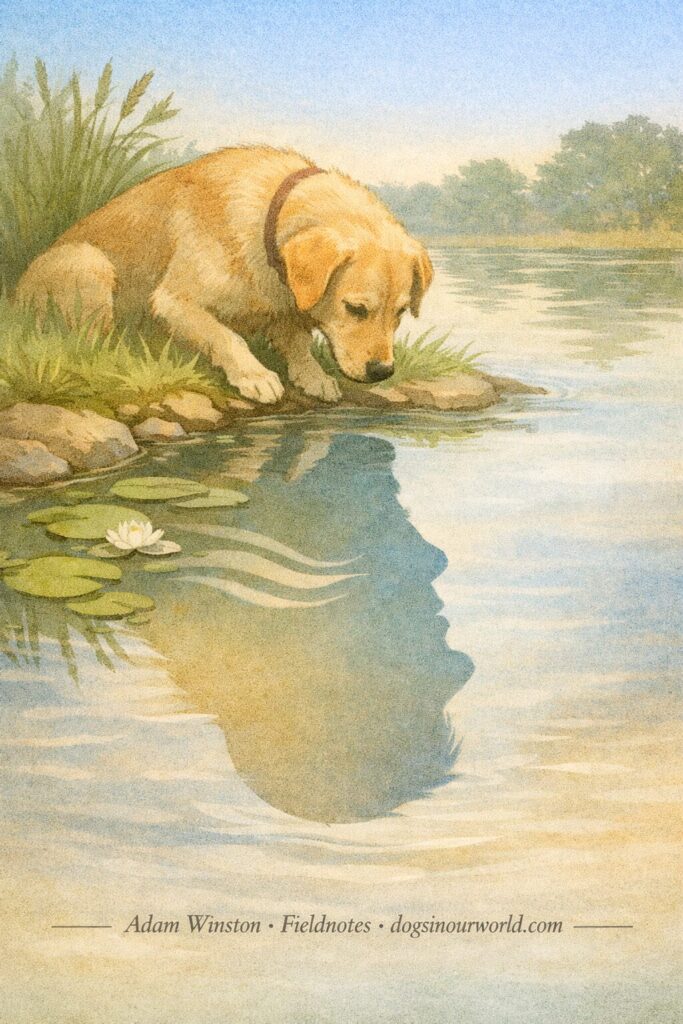 Calm dog training illustration of a golden retriever looking into a calm pond where its reflection forms a human silhouette. Soft natural palette with greens, blues, and warm earth tones. Credit: Adam Winston · Fieldnotes · dogsinourworld.com.