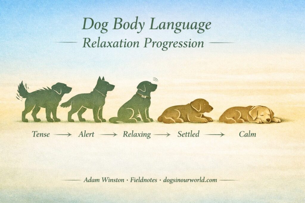 Calm dog training infographic showing five dog silhouettes transitioning from tense to calm posture, labeled “Tense,” “Alert,” “Relaxing,” “Settled,” and “Calm.” Soft gradient background from pale blue to warm beige. Credit: Adam Winston · Fieldnotes · dogsinourworld.com.