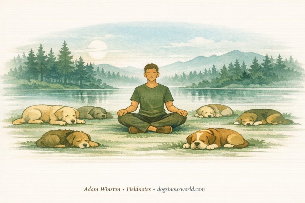 How your emotions affect your dog. Illustration of a person meditating beside a lake surrounded by six sleeping dogs, symbolizing shared calm, emotional regulation, and how your emotions affect your dog.