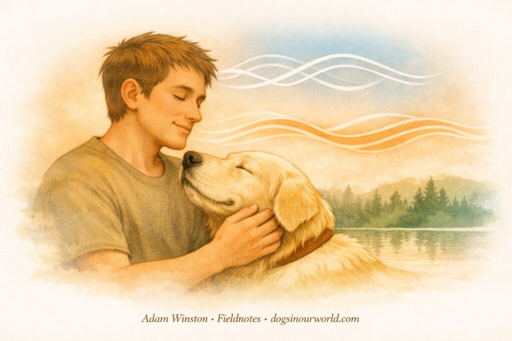 How your emotions affect your dog. Illustration of a person gently holding a dog near a lakeside at sunset with soft wave patterns above them, symbolizing emotional synchrony and how your emotions affect your dog.