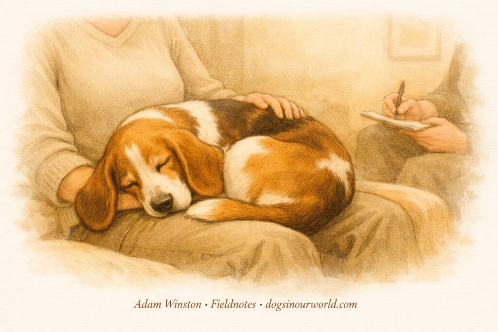 How your emotions affect your dog. Illustration of a Basset Hound sleeping peacefully on a person’s lap during a therapy session, symbolizing emotional co‑regulation and the calming influence of dogs on human stress.