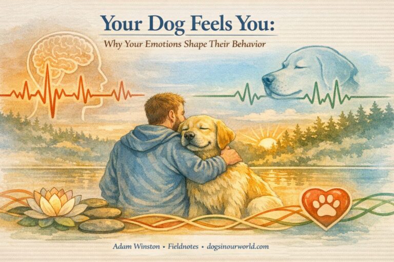 How your emotions affect your dog. Illustration of a person sitting beside their dog near a lake at sunset, connected by heartbeat lines and symbolic brain imagery, representing how human emotions affect canine behavior.