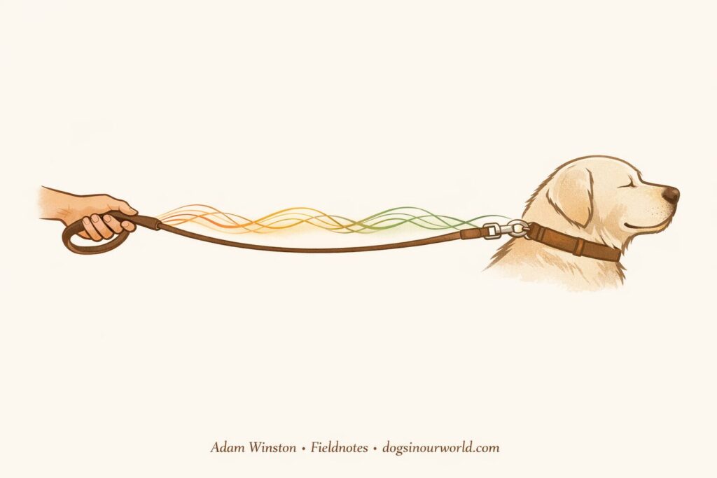 How your emotions affect your dog. Minimalist illustration of a hand holding a dog leash with flowing colored lines and a calm dog, symbolizing emotional signals traveling from human to dog and how your emotions affect your dog.