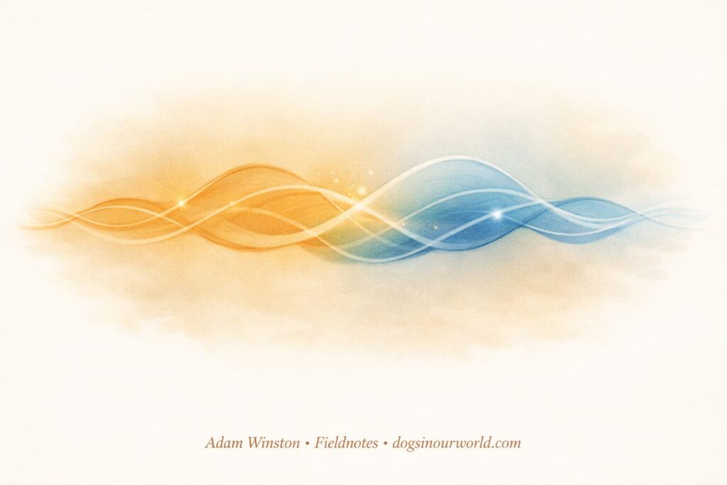 How your emotions affect your dog. Minimalist illustration of two overlapping orange and blue wave patterns symbolizing human–dog nervous system synchrony and how your emotions affect your dog.