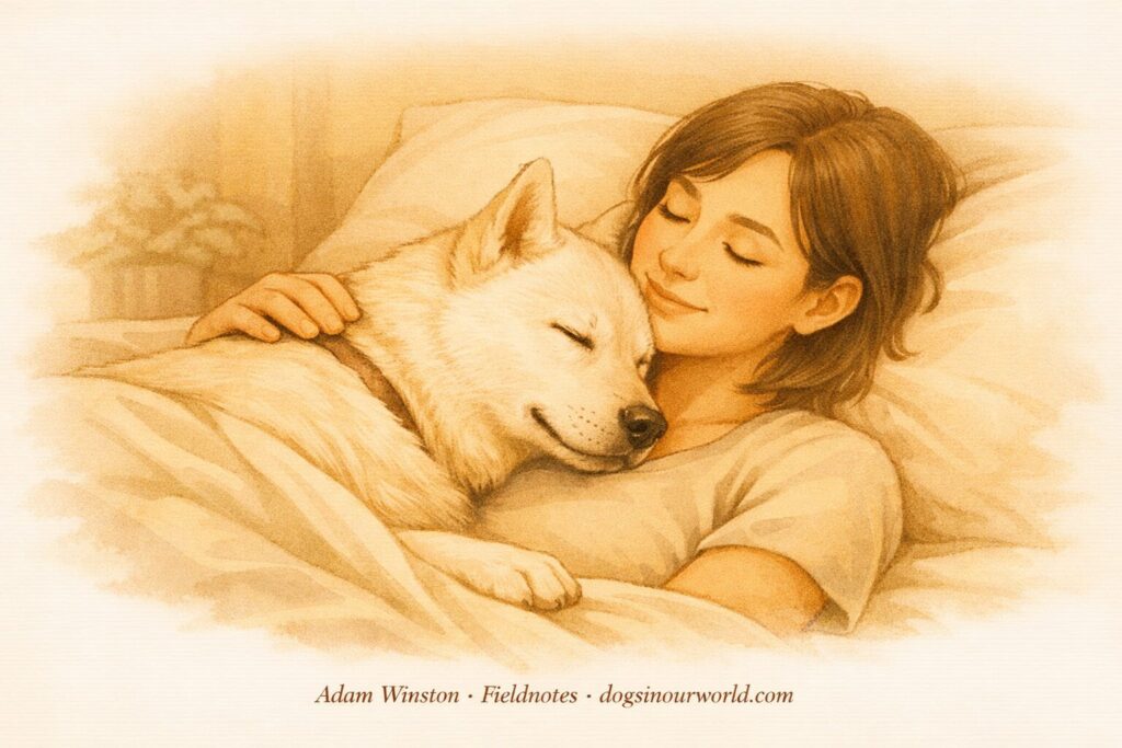 How your emotions affect your dog. Illustration of a dog resting its head on a person’s chest in bed, symbolizing emotional check‑ins and how your emotions affect your dog.