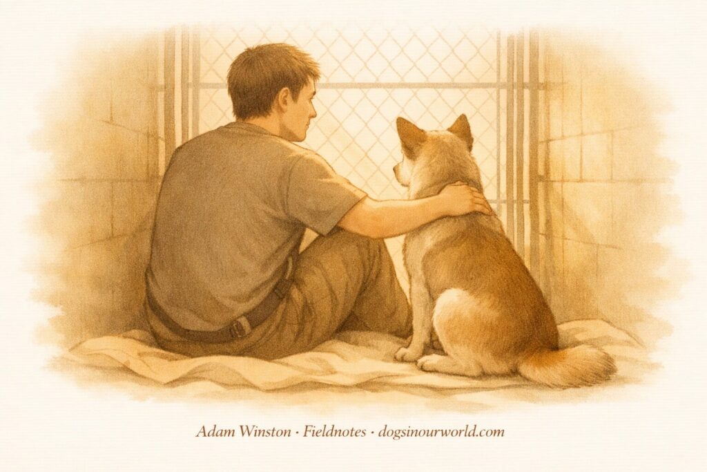 How your emotions affect your dog. Illustration of a shelter worker sitting quietly beside a dog inside a kennel, symbolizing emotional stillness, co‑regulation, and how human emotions affect a dog’s behavior.