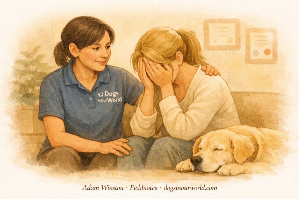 How your emotions affect your dog. Illustration of a dog trainer comforting a client on a couch while a calm retriever rests beside them, symbolizing emotional support and how your emotions affect your dog.