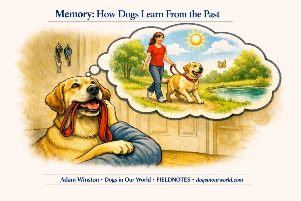 Dog sitting indoors with a red leash in its mouth, imagining a happy outdoor walk shown inside a thought bubble.