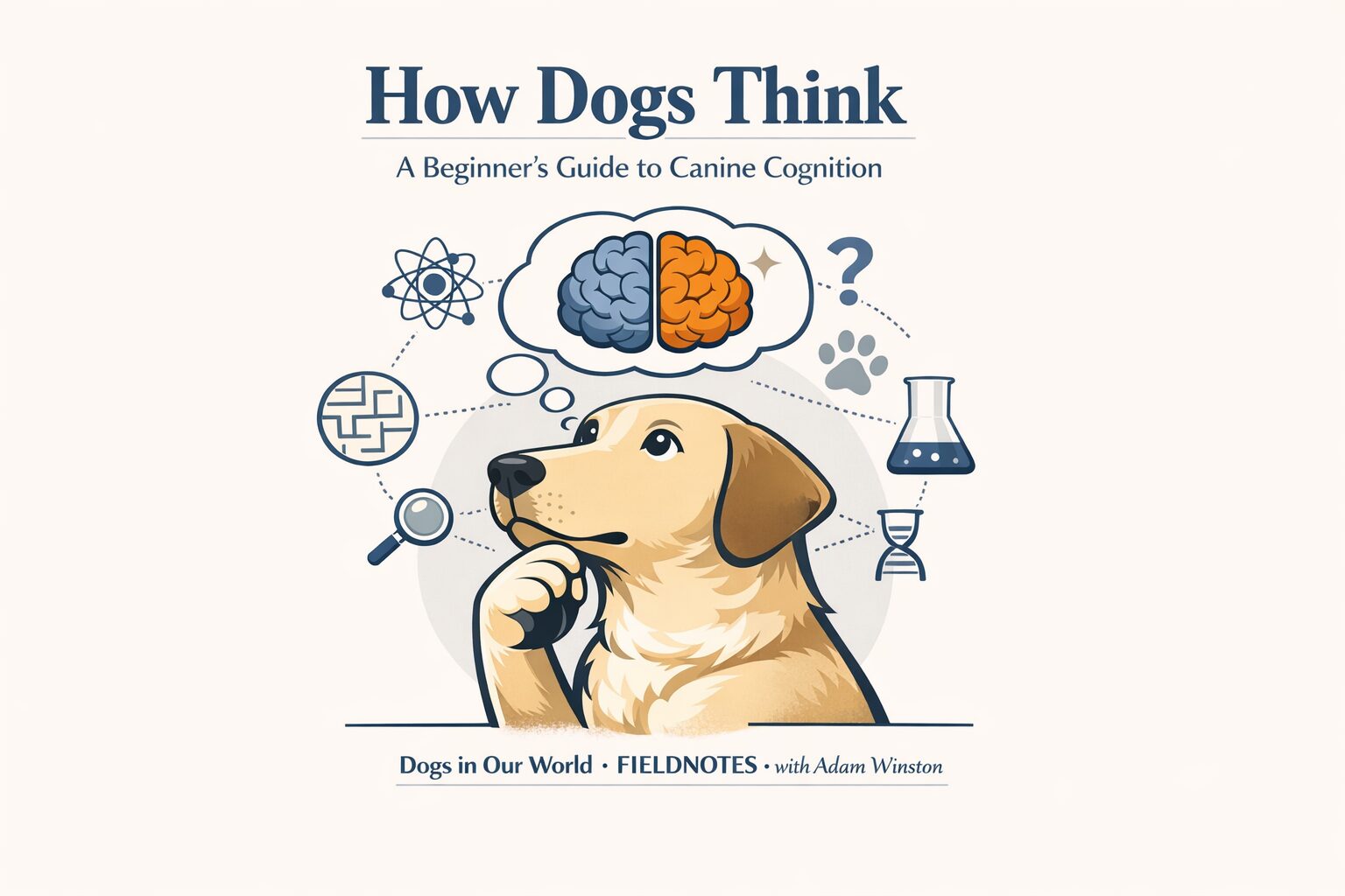 Thoughtful dog surrounded by scientific icons representing canine cognition, including a brain, maze, atom, magnifying glass, and question mark.
