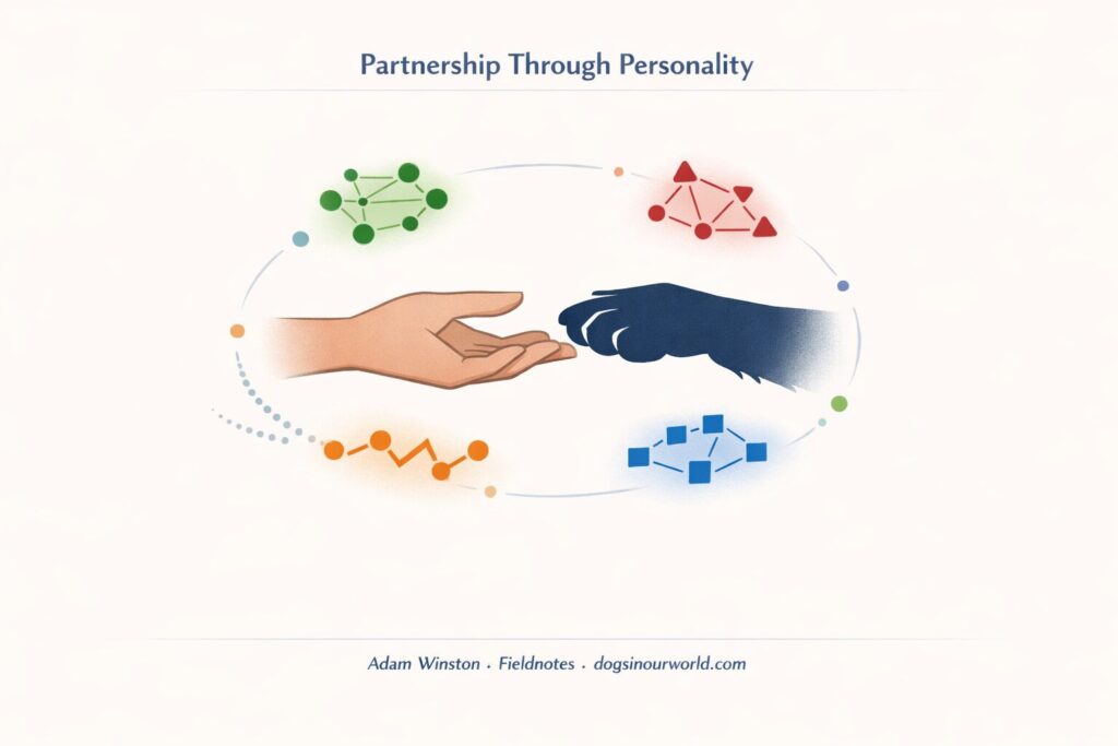 Calm dog training illustration of a human hand and dog paw reaching toward each other surrounded by abstract personality icons symbolizing harmony and understanding.