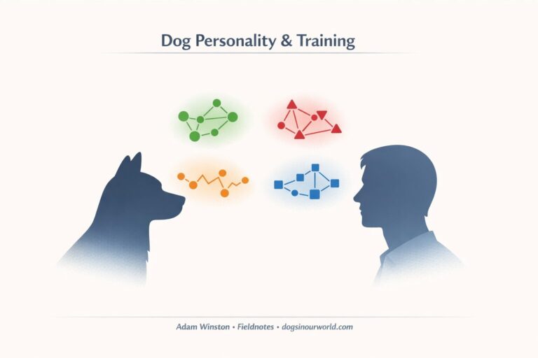 Minimalist illustration of a dog and human facing each other with abstract personality clusters between them, symbolizing sociability, fearfulness, excitability, and trainability.