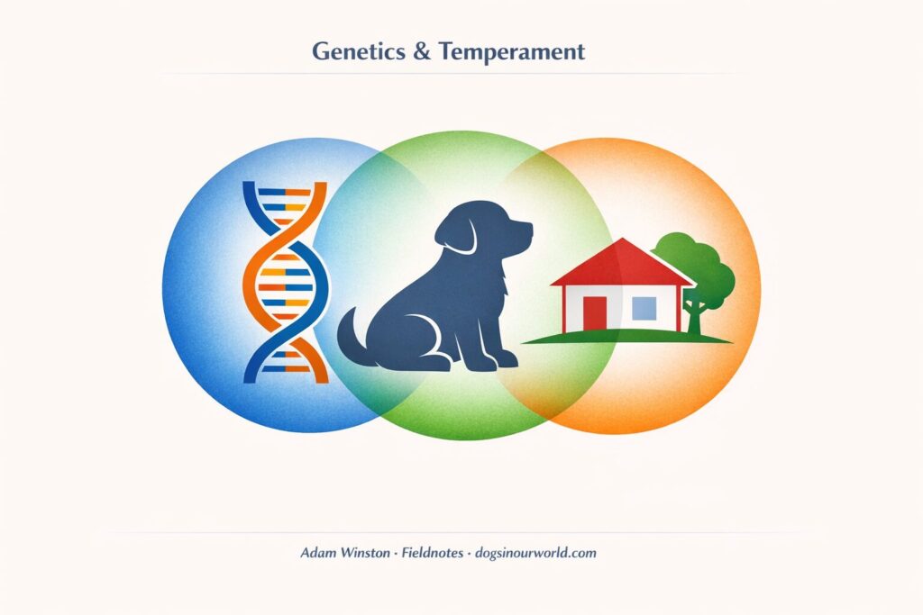 Calm dog training illustration of a Venn diagram showing a DNA helix, a puppy silhouette, and a house with a tree, representing genetics, temperament, and environment.