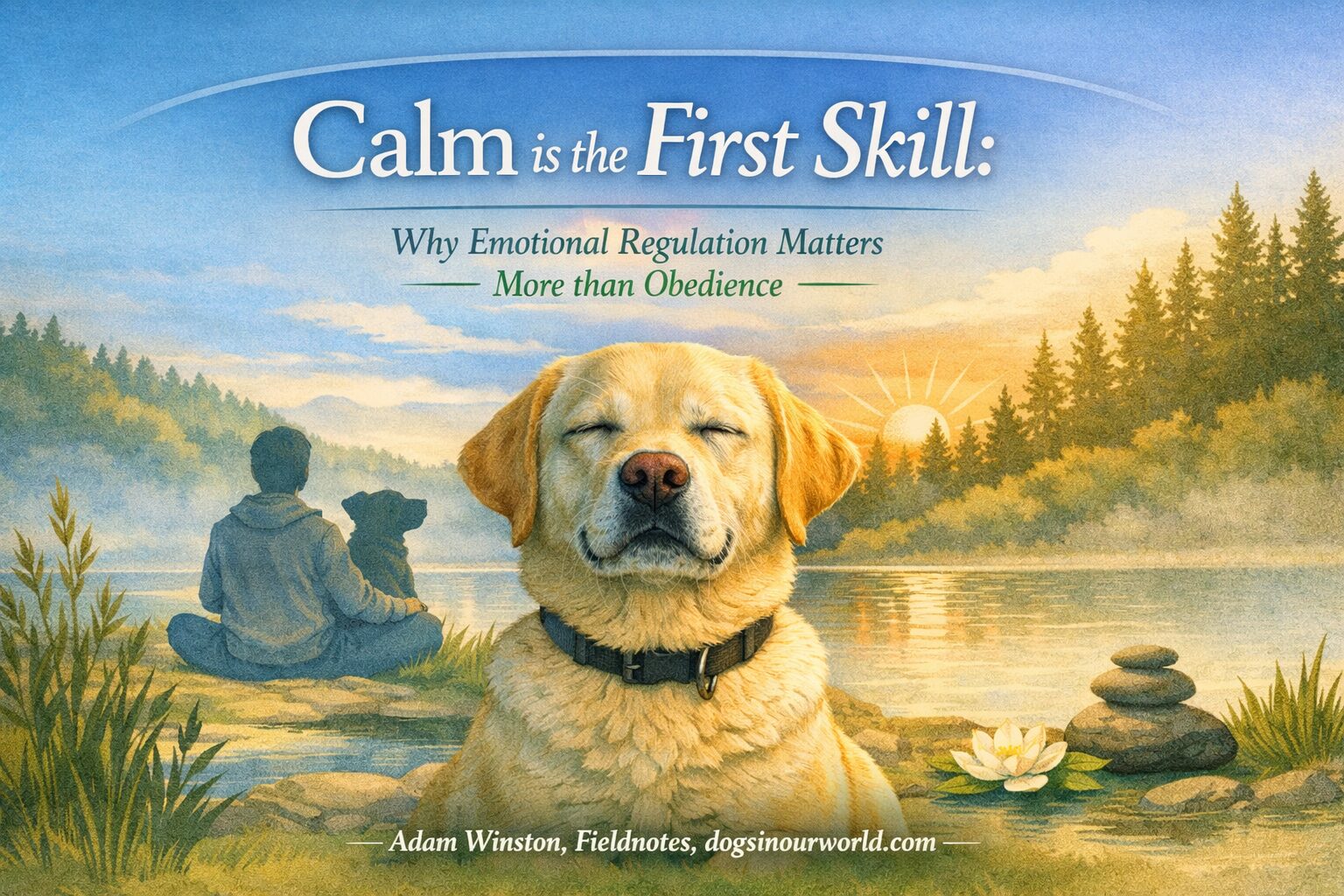 Illustrated cover image showing a calm Labrador Retriever sitting beside a person at a lakeside. The scene includes soft morning light, balanced stones, and the article title “Calm Is the First Skill: Why Emotional Regulation Matters More Than Obedience” calm dog training. Adam Winston, Fieldnotes, dogsinourworld.com.